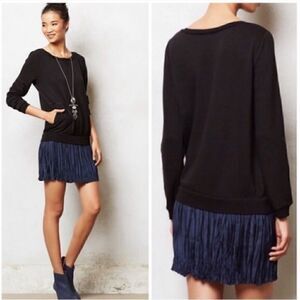 Anthropologie Black Top with Blue Pleated Skirt Mini Dress